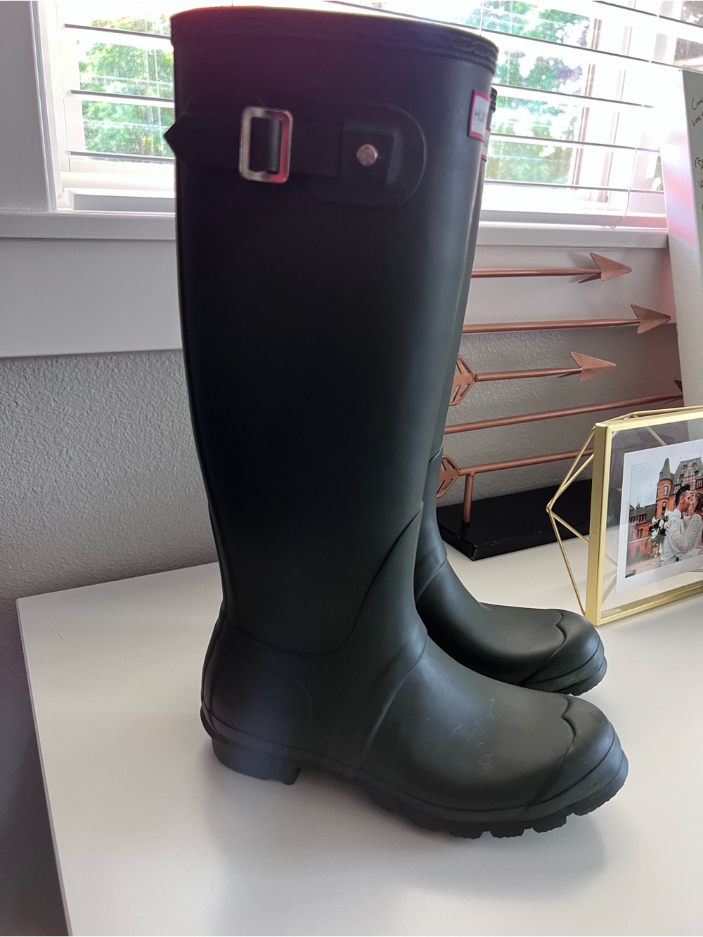Hunter Olive Green Knee-High Rain Boots with Cream Lining - Picture 2 of 3